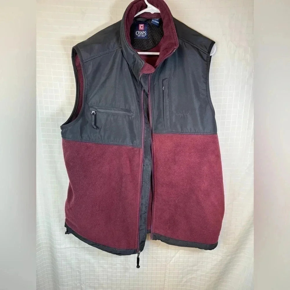Chaps Men's Maroon Red Fleece Full Zip Vest Waist Pockets Size XL